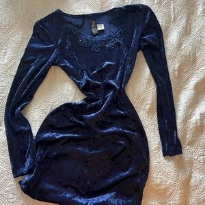 All That Jazz Navy Velvet Long-Sleeve Dress with Embroidered Neckline